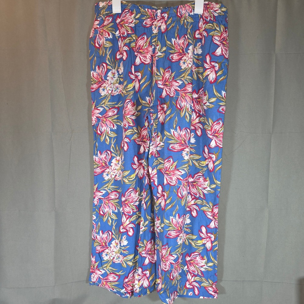 A New Day Floral Wide Leg Linen Blend Pants Blue Pink XXL Short PID-2M7KM7